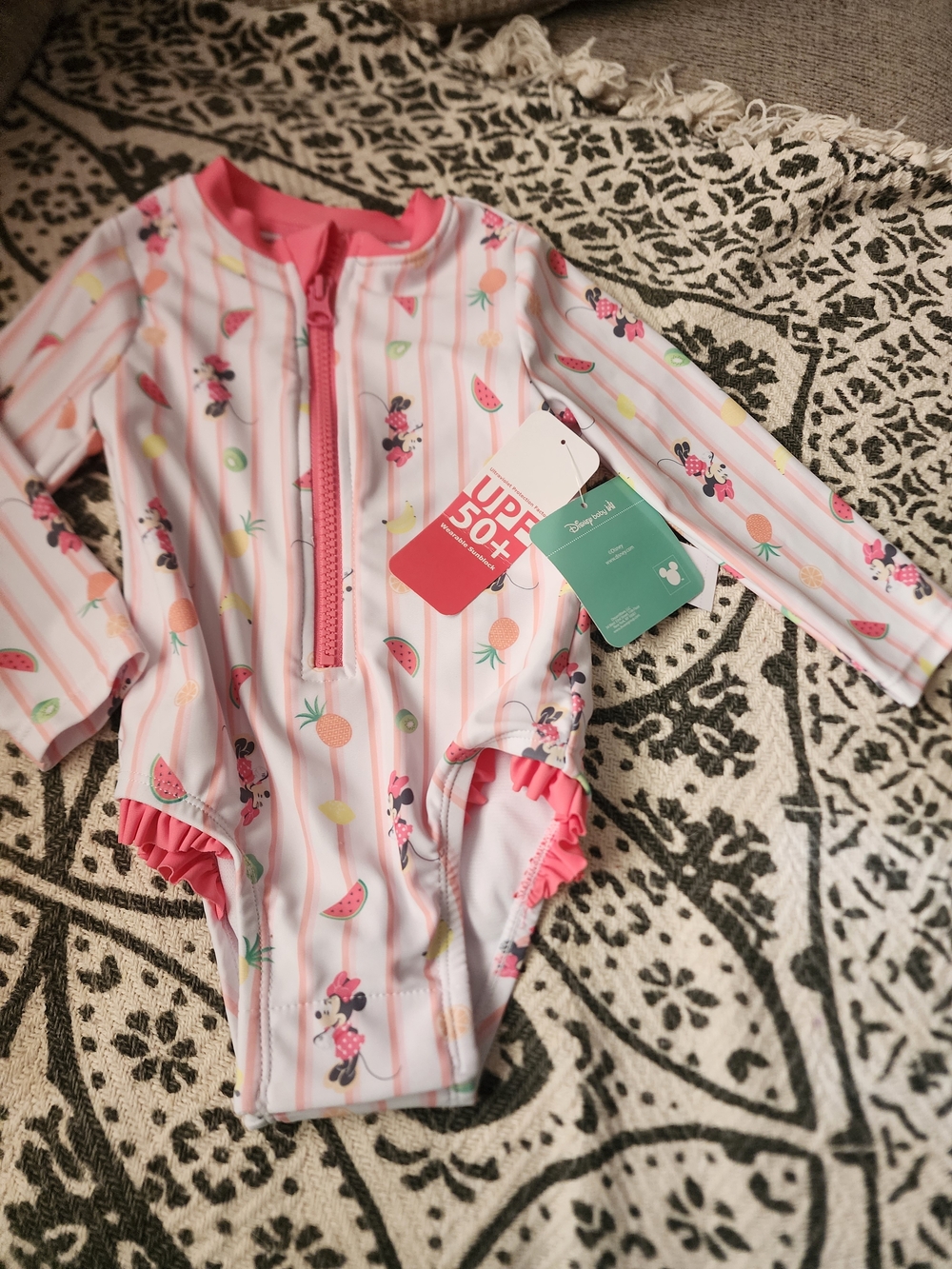 Minnie Mouse Pink Stripe Girls UV Swim Suit 12-18 M